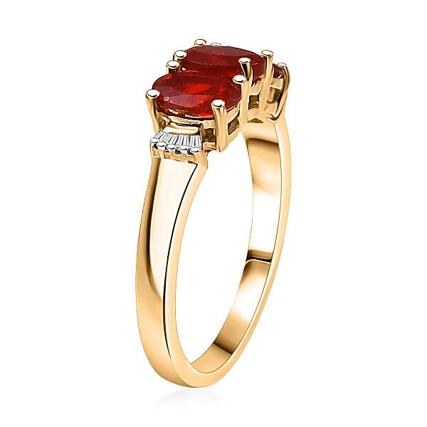 D'Joy Mexican Cherry Fire Opal And Diamond 0.90 Ctw Art Deco Ring In 18K Vermeil Yellow Gold Over Sterling Silver