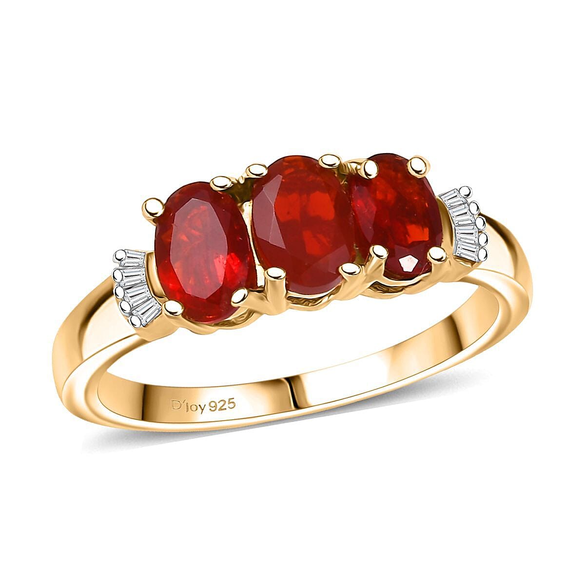 D'Joy Mexican Cherry Fire Opal and Diamond 0.90 ctw Art Deco Ring in 18K Vermeil Yellow Gold Over Sterling Silver