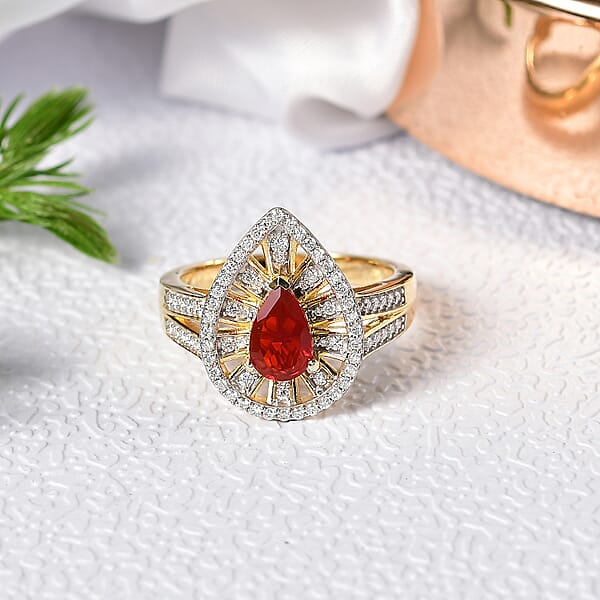 D'Joy Mexican Cherry Fire Opal And Moissanite 1.00 Ctw Art Deco Ring In 18K Vermeil Yellow Gold Over Sterling Silver