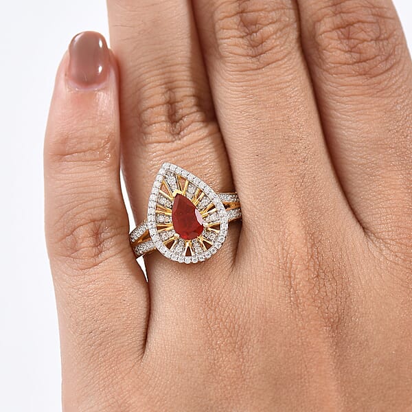 D'Joy Mexican Cherry Fire Opal And Moissanite 1.00 Ctw Art Deco Ring In 18K Vermeil Yellow Gold Over Sterling Silver
