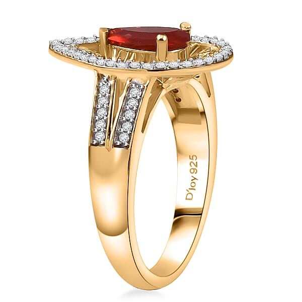 D'Joy Mexican Cherry Fire Opal And Moissanite 1.00 Ctw Art Deco Ring In 18K Vermeil Yellow Gold Over Sterling Silver