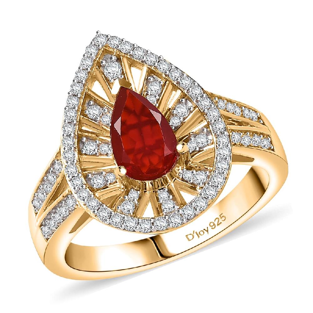 D'Joy Mexican Cherry Fire Opal and Moissanite 1.00 ctw Art Deco Ring in 18K Vermeil Yellow Gold Over Sterling Silver