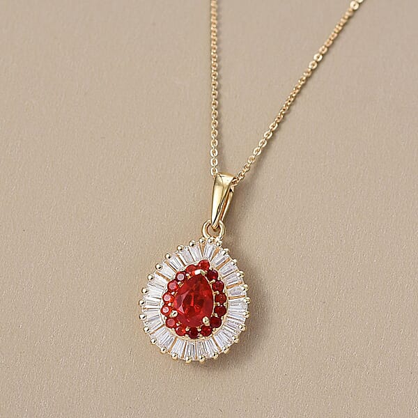 D'Joy Mexican Cherry Fire Opal And Moissanite 1.60 Ctw Pendant Necklace In 18K Vermeil Yellow Gold Over Sterling Silver 20 Inches