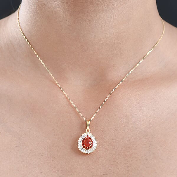 D'Joy Mexican Cherry Fire Opal And Moissanite 1.60 Ctw Pendant Necklace In 18K Vermeil Yellow Gold Over Sterling Silver 20 Inches