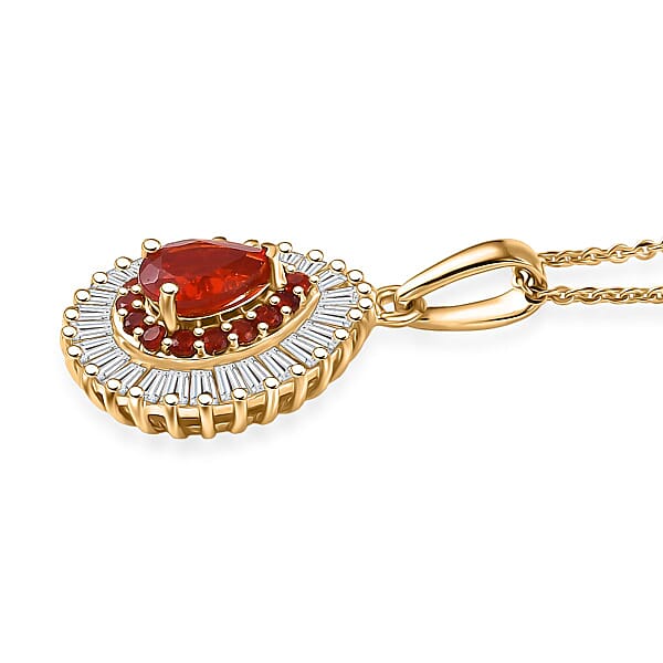 D'Joy Mexican Cherry Fire Opal And Moissanite 1.60 Ctw Pendant Necklace In 18K Vermeil Yellow Gold Over Sterling Silver 20 Inches