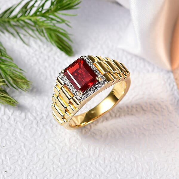 D'Joy Mexican Cherry Fire Opal And Moissanite 1.70 Ctw Men's Ring In 18K Vermeil Yellow Gold Over Sterling Silver