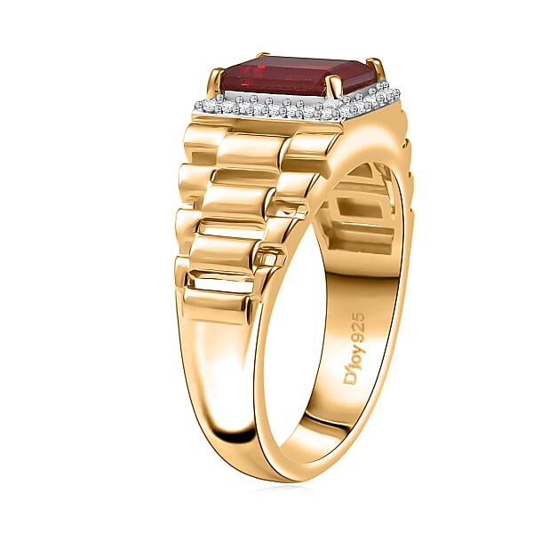 D'Joy Mexican Cherry Fire Opal And Moissanite 1.70 Ctw Men's Ring In 18K Vermeil Yellow Gold Over Sterling Silver