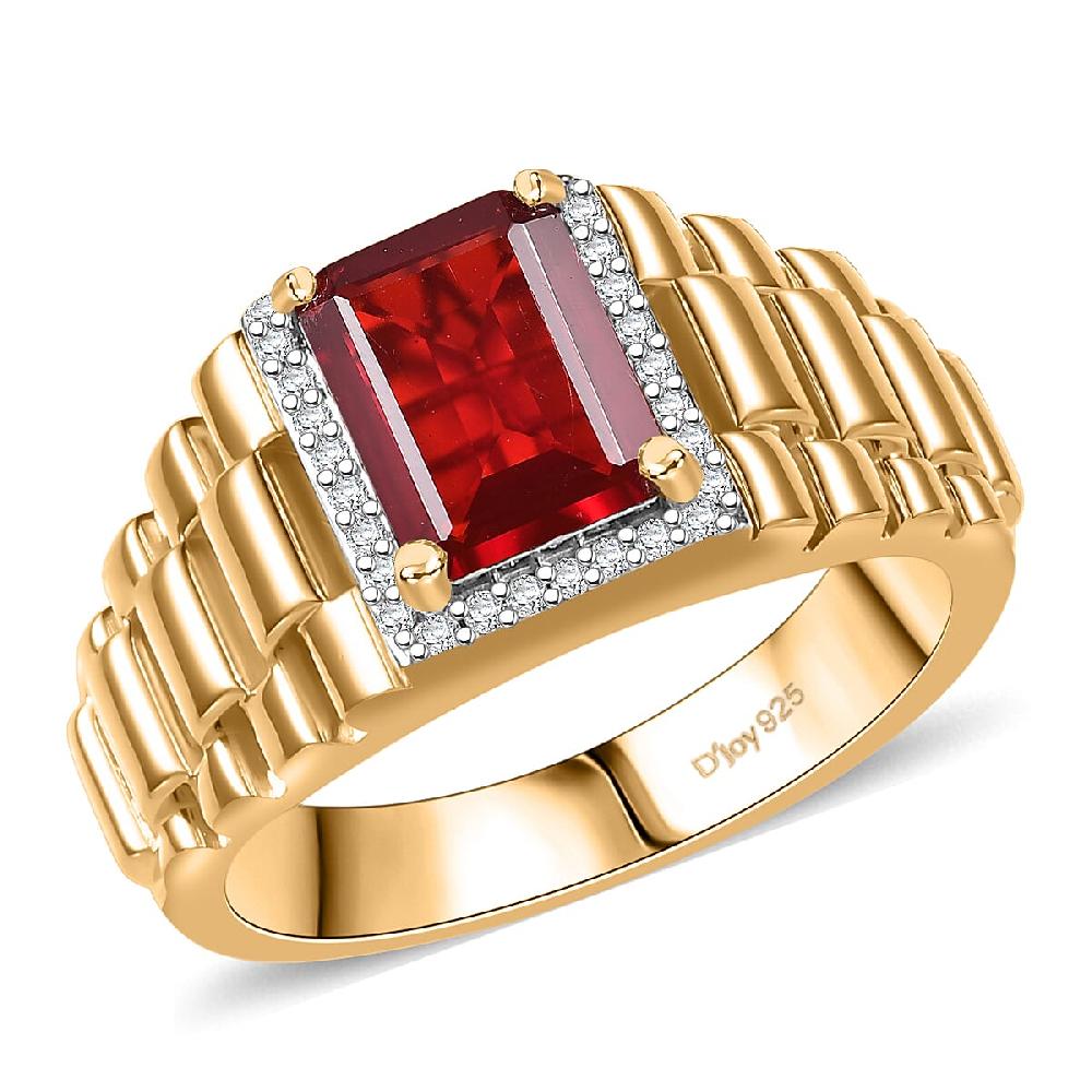 D'Joy Mexican Cherry Fire Opal and Moissanite 1.70 ctw Men's Ring in 18K Vermeil Yellow Gold Over Sterling Silver