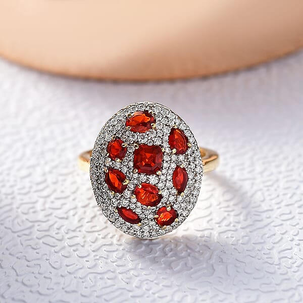 D'Joy Mexican Cherry Fire Opal And Moissanite 1.85 Ctw Cluster Art Deco Ring In 18K Vermeil Yellow Gold Over Sterling Silver