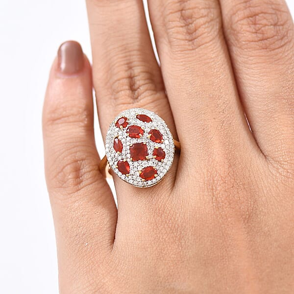 D'Joy Mexican Cherry Fire Opal And Moissanite 1.85 Ctw Cluster Art Deco Ring In 18K Vermeil Yellow Gold Over Sterling Silver