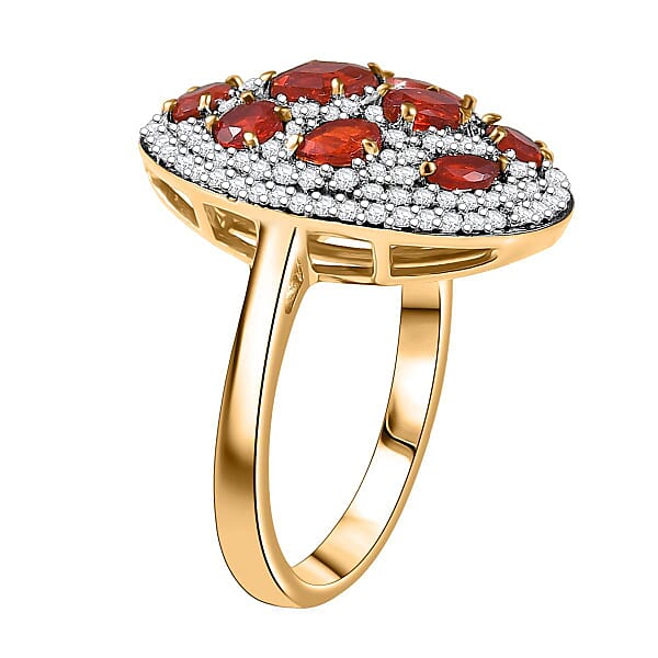 D'Joy Mexican Cherry Fire Opal And Moissanite 1.85 Ctw Cluster Art Deco Ring In 18K Vermeil Yellow Gold Over Sterling Silver
