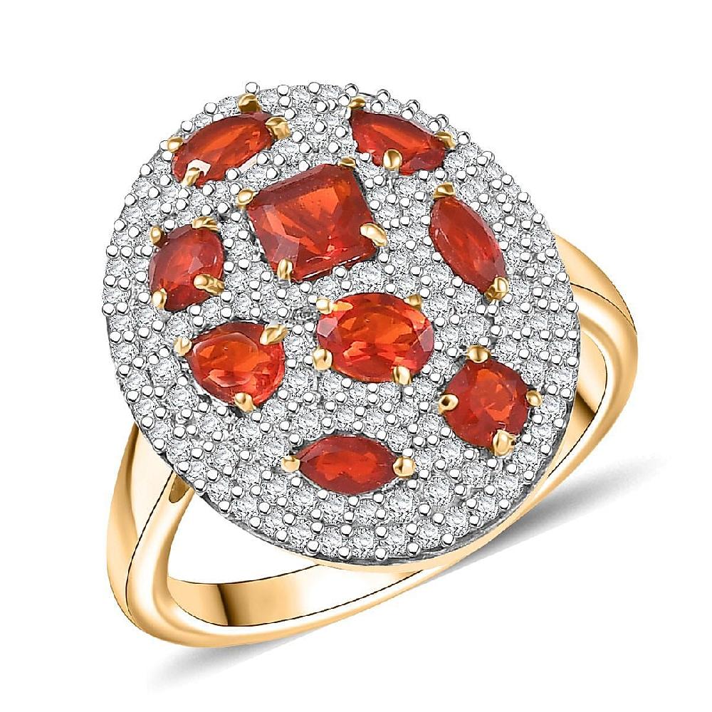 D'Joy Mexican Cherry Fire Opal and Moissanite 1.85 ctw Cluster Art Deco Ring in 18K Vermeil Yellow Gold Over Sterling Silver