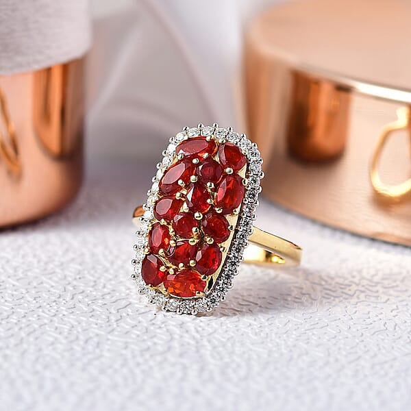 D'Joy Mexican Cherry Fire Opal And Moissanite 2.25 Ctw Cluster Ring In 18K Vermeil Yellow Gold Over Sterling Silver