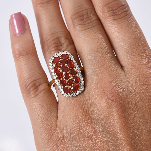 D'Joy Mexican Cherry Fire Opal And Moissanite 2.25 Ctw Cluster Ring In 18K Vermeil Yellow Gold Over Sterling Silver