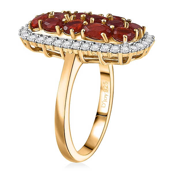 D'Joy Mexican Cherry Fire Opal And Moissanite 2.25 Ctw Cluster Ring In 18K Vermeil Yellow Gold Over Sterling Silver