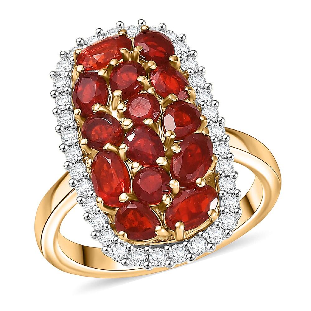 D'Joy Mexican Cherry Fire Opal and Moissanite 2.25 ctw Cluster Ring in 18K Vermeil Yellow Gold Over Sterling Silver