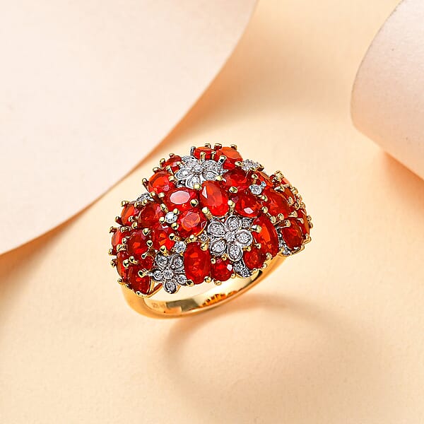 D'Joy Mexican Cherry Fire Opal And Moissanite 3.30 Ctw Bunch Of Flower Ring In 18K Vermeil Yellow Gold Over Sterling Silver