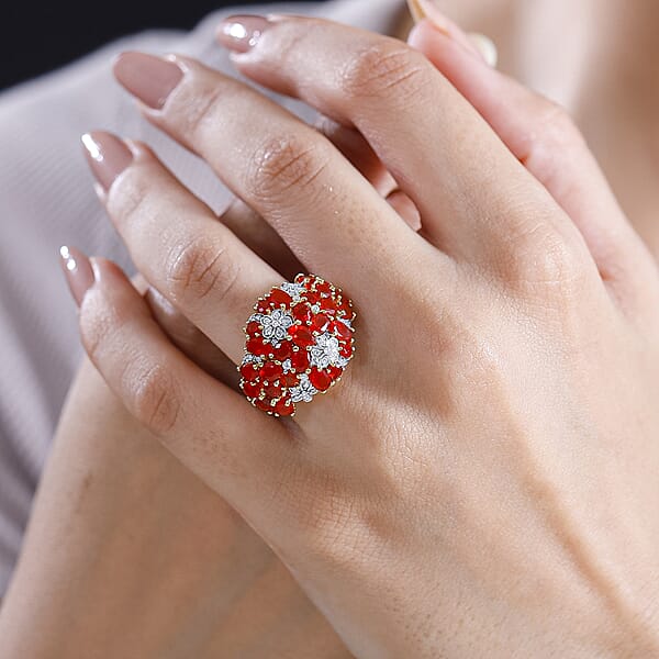 D'Joy Mexican Cherry Fire Opal And Moissanite 3.30 Ctw Bunch Of Flower Ring In 18K Vermeil Yellow Gold Over Sterling Silver