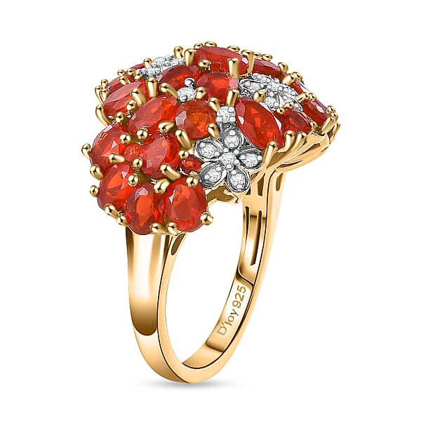 D'Joy Mexican Cherry Fire Opal And Moissanite 3.30 Ctw Bunch Of Flower Ring In 18K Vermeil Yellow Gold Over Sterling Silver