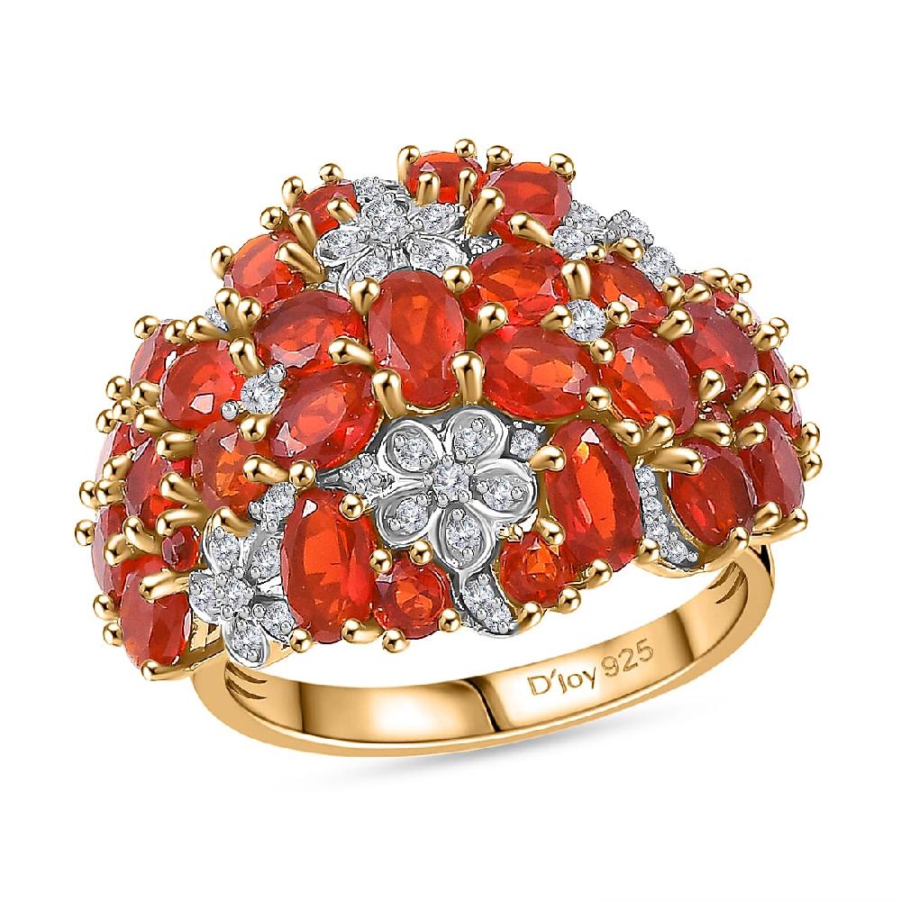 D'Joy Mexican Cherry Fire Opal and Moissanite 3.30 ctw Bunch of Flower Ring in 18K Vermeil Yellow Gold Over Sterling Silver