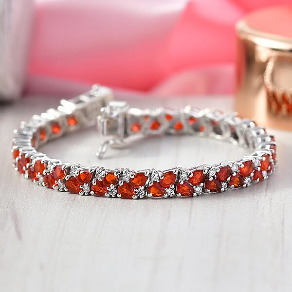 D'Joy Mexican Cherry Fire Opal And Moissanite 7.60 Ctw Vine Of Fiery Bloom Bracelet In Rhodium Over Sterling Silver (7.25 In)