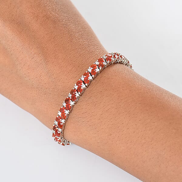 D'Joy Mexican Cherry Fire Opal And Moissanite 7.60 Ctw Vine Of Fiery Bloom Bracelet In Rhodium Over Sterling Silver (7.25 In)