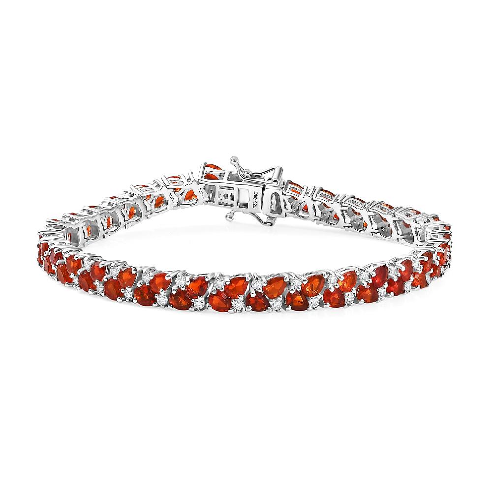 D'Joy Mexican Cherry Fire Opal and Moissanite 7.60 ctw Vine of Fiery Bloom Bracelet in Rhodium Over Sterling Silver (7.25 In)
