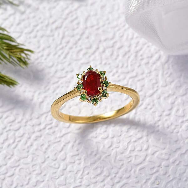 D'Joy Mexican Cherry Fire Opal And Multi Gemstone 0.50 Ctw Classic Halo Ring In 18K Vermeil Yellow Gold Over Sterling Silver