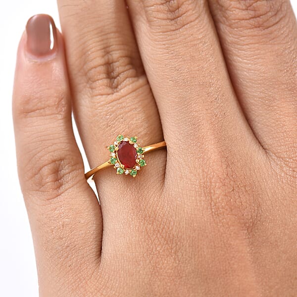 D'Joy Mexican Cherry Fire Opal And Multi Gemstone 0.50 Ctw Classic Halo Ring In 18K Vermeil Yellow Gold Over Sterling Silver