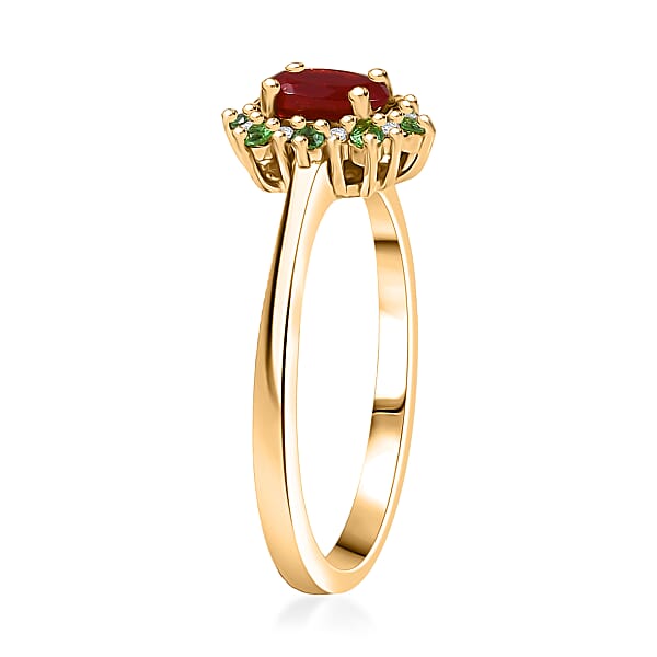 D'Joy Mexican Cherry Fire Opal And Multi Gemstone 0.50 Ctw Classic Halo Ring In 18K Vermeil Yellow Gold Over Sterling Silver