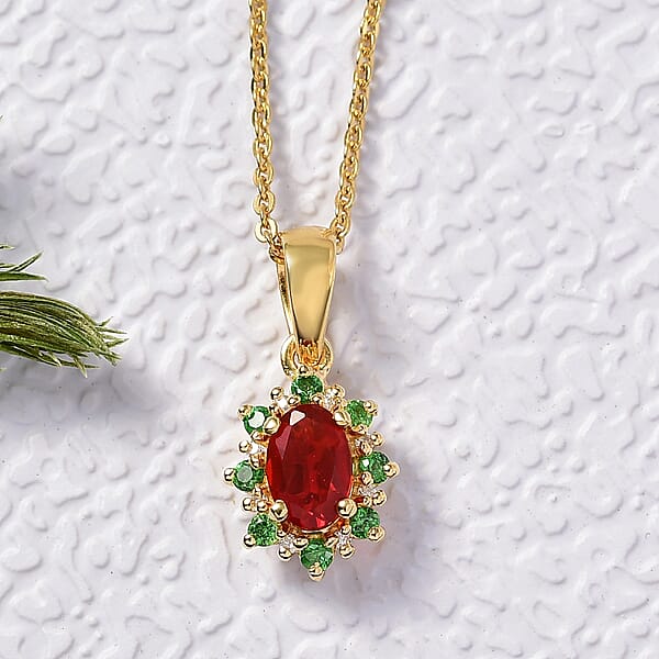 D'Joy Mexican Cherry Fire Opal And Multi Gemstone 0.50 Ctw Classic Halo Pendant Necklace In 18K Vermeil Yellow Gold Over Sterling Silver 20 Inches
