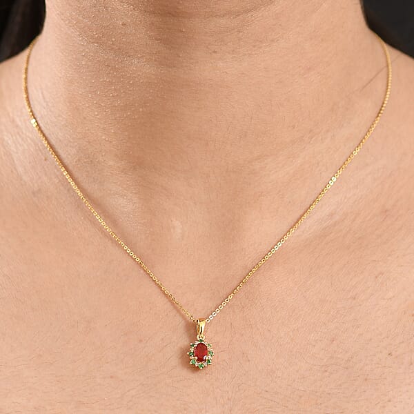 D'Joy Mexican Cherry Fire Opal And Multi Gemstone 0.50 Ctw Classic Halo Pendant Necklace In 18K Vermeil Yellow Gold Over Sterling Silver 20 Inches