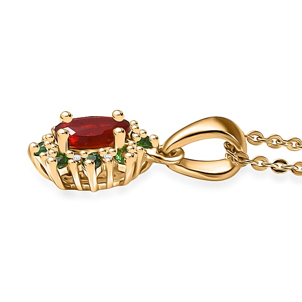 D'Joy Mexican Cherry Fire Opal And Multi Gemstone 0.50 Ctw Classic Halo Pendant Necklace In 18K Vermeil Yellow Gold Over Sterling Silver 20 Inches