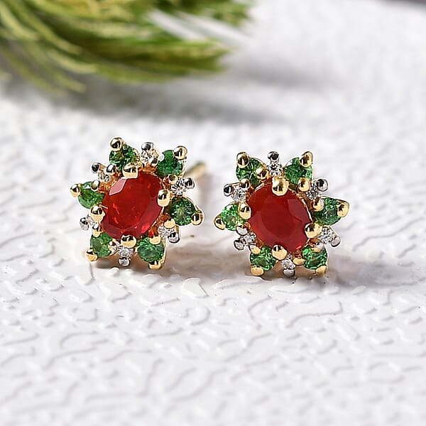 D'Joy Mexican Cherry Fire Opal And Multi Gemstone 0.50 Ctw Classic Halo Earrings In 18K Vermeil Yellow Gold Over Sterling Silver