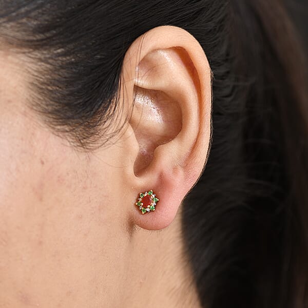 D'Joy Mexican Cherry Fire Opal And Multi Gemstone 0.50 Ctw Classic Halo Earrings In 18K Vermeil Yellow Gold Over Sterling Silver