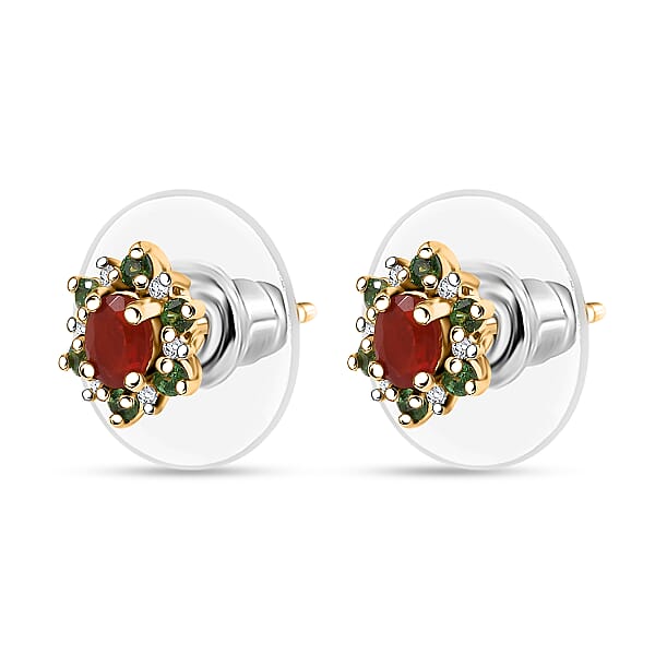 D'Joy Mexican Cherry Fire Opal And Multi Gemstone 0.50 Ctw Classic Halo Earrings In 18K Vermeil Yellow Gold Over Sterling Silver