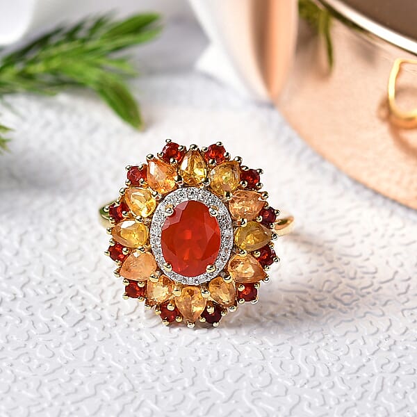 D'Joy Mexican Cherry Fire Opal And Multi Gemstone 3.40 Ctw Floral Halo Ring In 18K Vermeil Yellow Gold Over Sterling Silver