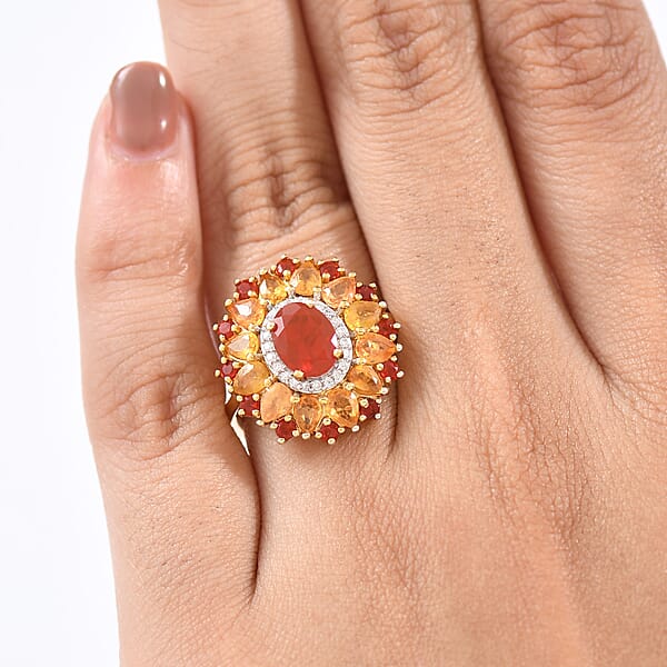 D'Joy Mexican Cherry Fire Opal And Multi Gemstone 3.40 Ctw Floral Halo Ring In 18K Vermeil Yellow Gold Over Sterling Silver