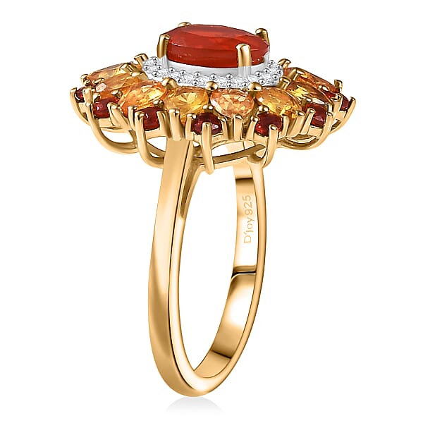 D'Joy Mexican Cherry Fire Opal And Multi Gemstone 3.40 Ctw Floral Halo Ring In 18K Vermeil Yellow Gold Over Sterling Silver