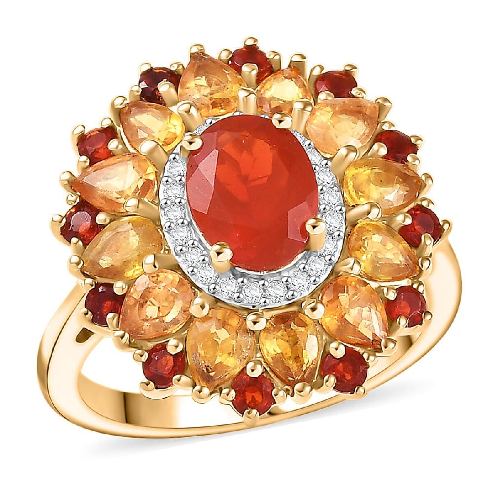 D'Joy Mexican Cherry Fire Opal and Multi Gemstone 3.40 ctw Floral Halo Ring in 18K Vermeil Yellow Gold Over Sterling Silver