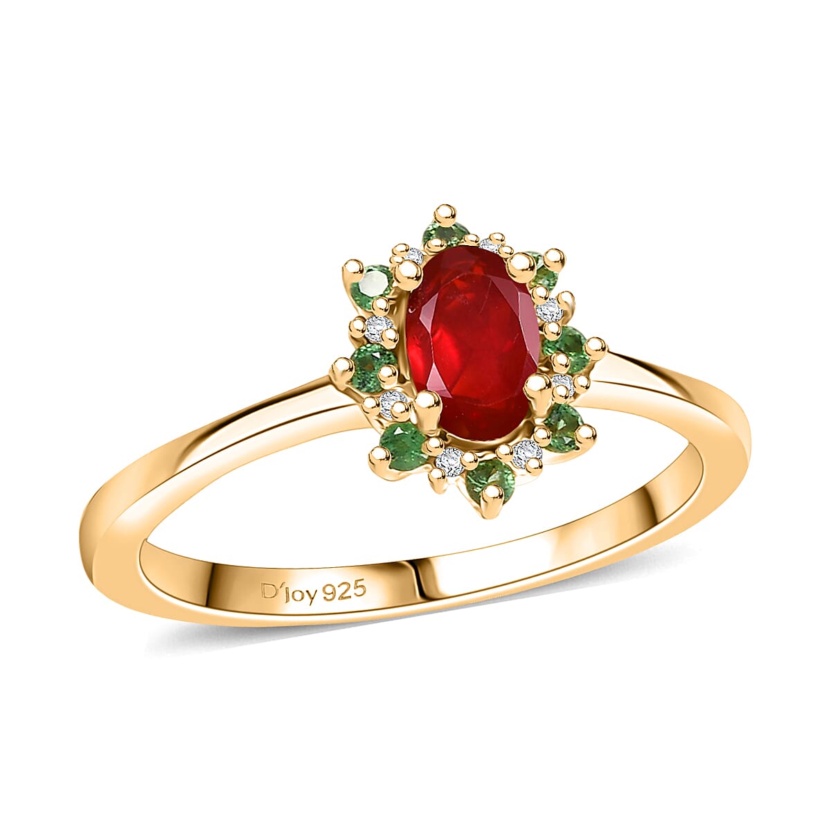 D'Joy Mexican Cherry Fire Opal and Multi Gemstone 0.50 ctw Classic Halo Ring in 18K Vermeil Yellow Gold Over Sterling Silver