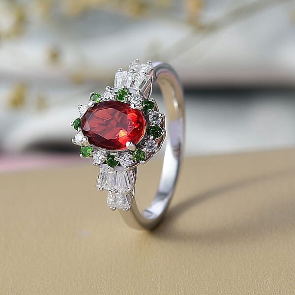 D'Joy Mexican Cherry Fire Opal And Mutli Gemstone 1.40 Ctw Art Deco Ring In Rhodium Over Sterling Silver