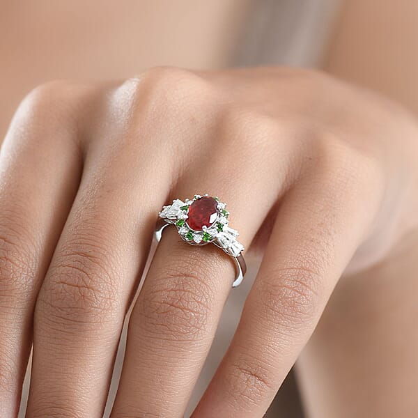 D'Joy Mexican Cherry Fire Opal And Mutli Gemstone 1.40 Ctw Art Deco Ring In Rhodium Over Sterling Silver