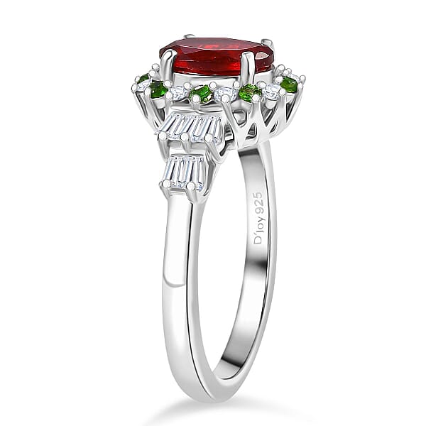 D'Joy Mexican Cherry Fire Opal And Mutli Gemstone 1.40 Ctw Art Deco Ring In Rhodium Over Sterling Silver