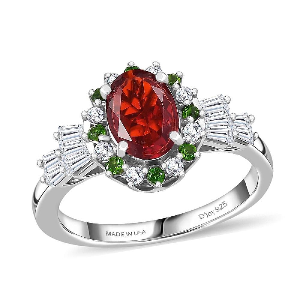D'Joy Mexican Cherry Fire Opal and Mutli Gemstone 1.40 ctw Art Deco Ring in Rhodium Over Sterling Silver