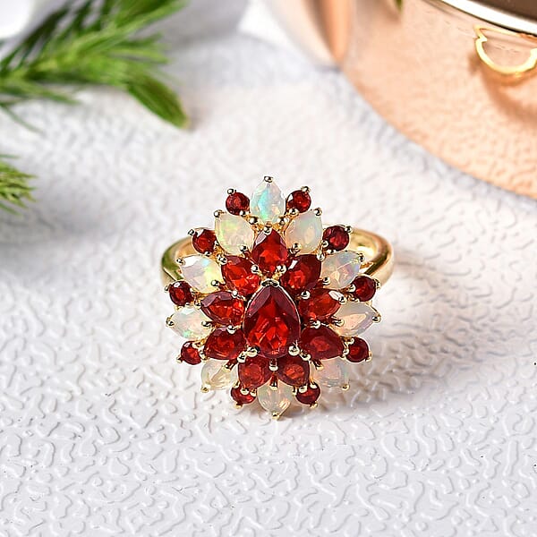 D'Joy Mexican Cherry Fire Opal And Premium Ethiopian Welo Opal 2.65 Ctw Floral Ring In 18K Vermeil Yellow Gold Over Sterling Silver