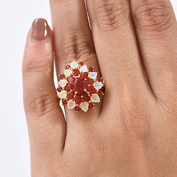 D'Joy Mexican Cherry Fire Opal And Premium Ethiopian Welo Opal 2.65 Ctw Floral Ring In 18K Vermeil Yellow Gold Over Sterling Silver