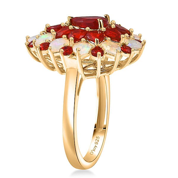 D'Joy Mexican Cherry Fire Opal And Premium Ethiopian Welo Opal 2.65 Ctw Floral Ring In 18K Vermeil Yellow Gold Over Sterling Silver