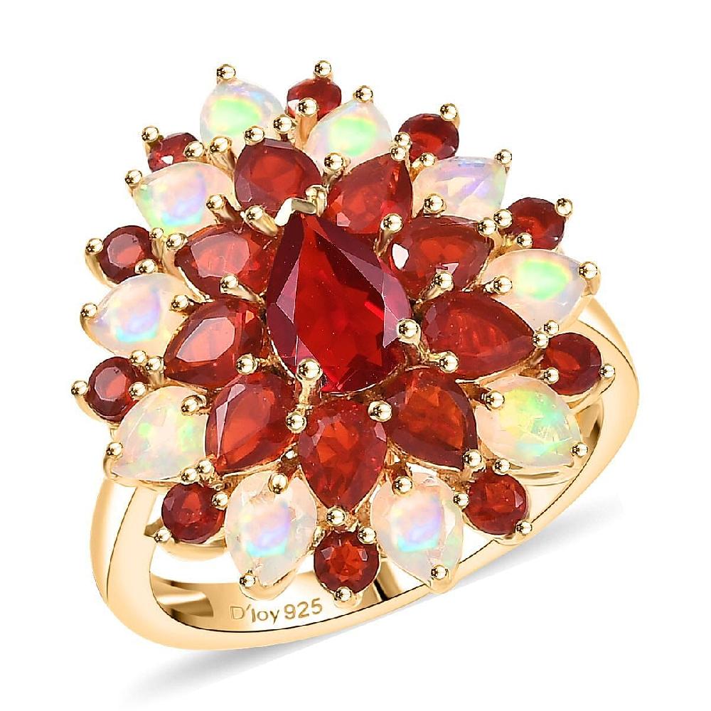 D'Joy Mexican Cherry Fire Opal and Premium Ethiopian Welo Opal 2.65 ctw Floral Ring in 18K Vermeil Yellow Gold Over Sterling Silver