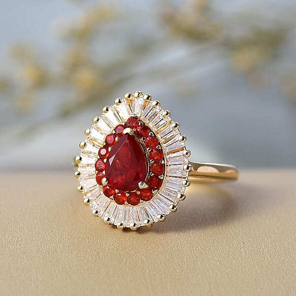D'Joy Mexican Cherry Fire Opal Moissanite Ring In 18K Vermeil YG Over Sterling Silver 1.65 Ctw